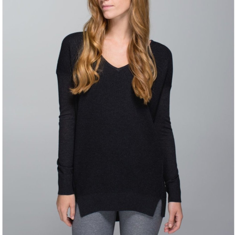 Lululemon The Sweater Life Knit Heathered Black V-Neck Relaxed Fit Sweater